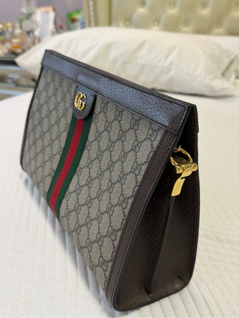 Gucci Brown GG Canvas Shoulder Bag with Green-Red Web Stripe
